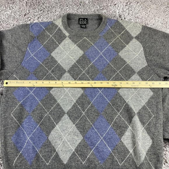 Jos A Bank Crewneck Sweater Mens Size Large Gray & Blue Argyle Lambswool Blend - Picture 6 of 9